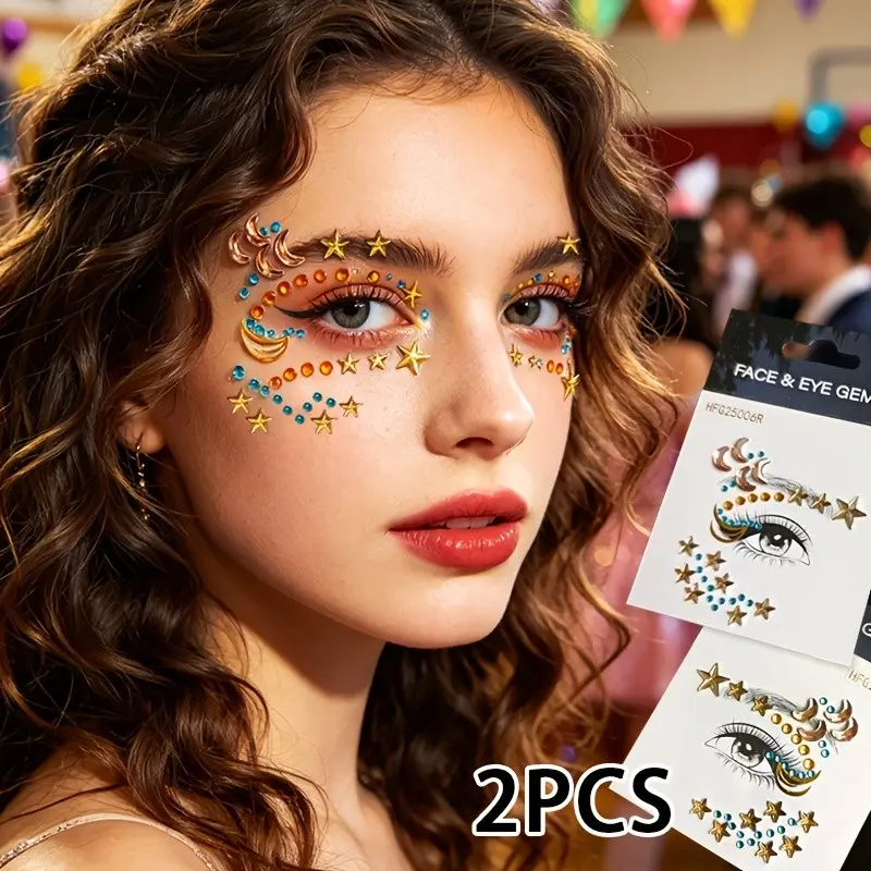 2 Pairs Glittering Decorative Eye Shadow Stickers, Star Moon Butterfly Design, Self-Adhesive, Ideal for Sports, Music Festivals, Graduation Parties