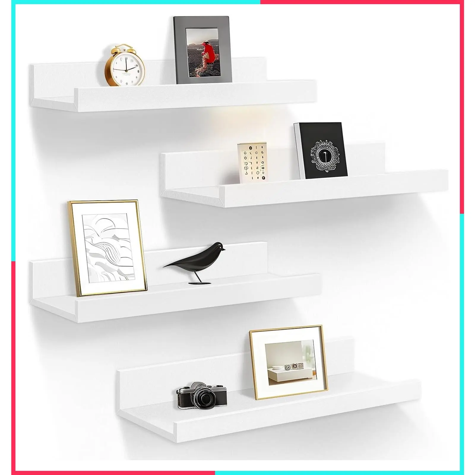 Floating Shelves for Wall Storage, Set of 4, 15.6 Inch Picture Ledge Shelf, White Wall Shelves with Lip for Kitchen, Bedroom, Bathroom, and Living Room