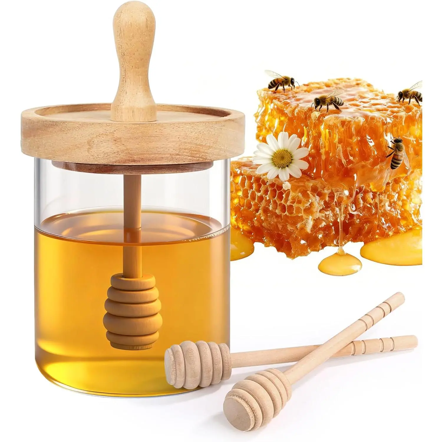 Honey Jar with Dipper and Lid,Glass Honey Pot Container Dispenser,Clear Glass Honey Container for  Kitchen,Store Honey and Syrup,Easy to Clean… (12oz)