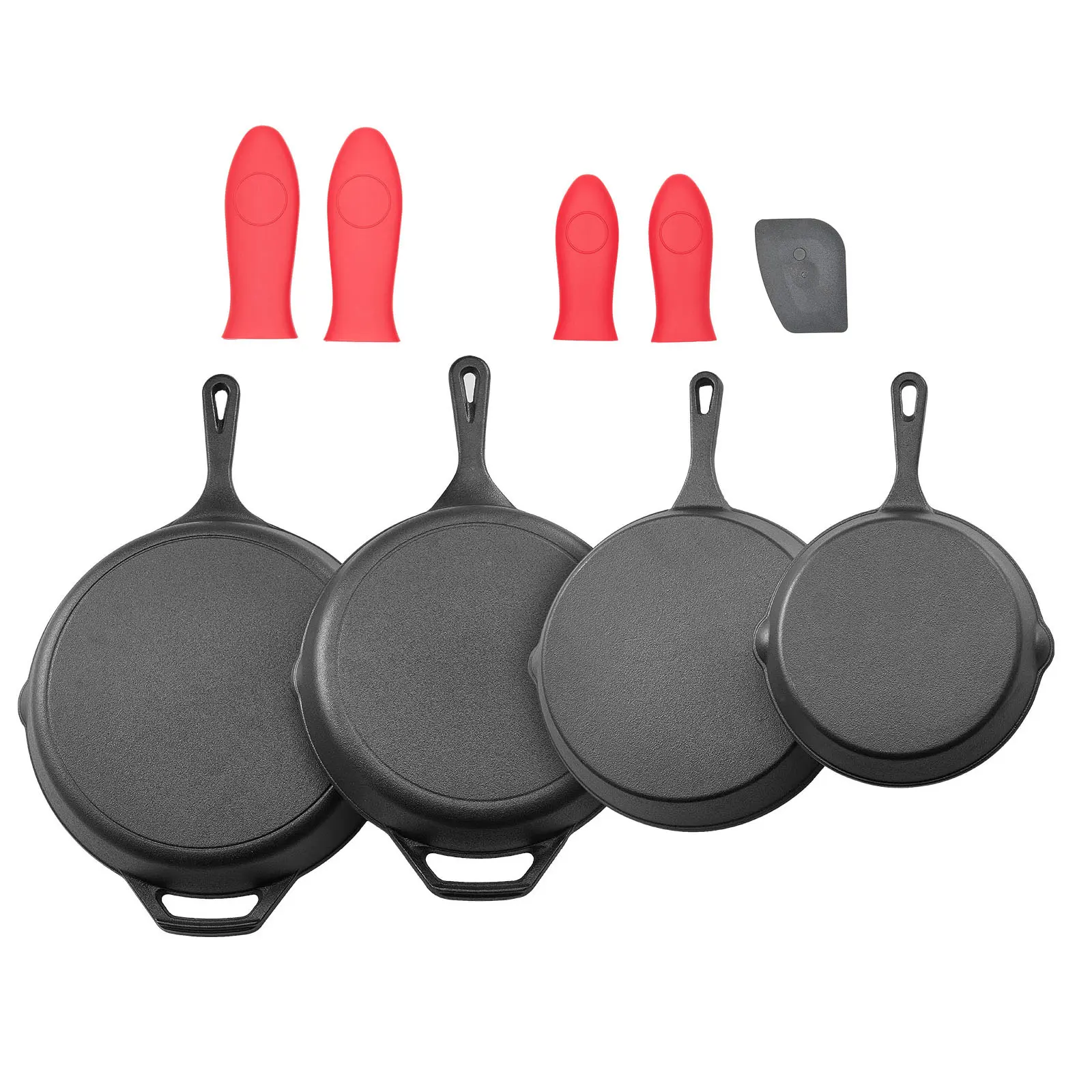 Cast Iron Skillet 4-Piece Set Chef Quality Pre-Seasoned Frying Pan Cookware, 6" 8" 10" 12" Pans - For Frying, Saute, Cooking, Pizza, with 4 Silicone Handle Cover Grips, for Grill, Stove, BBQ, Fire, Oven
