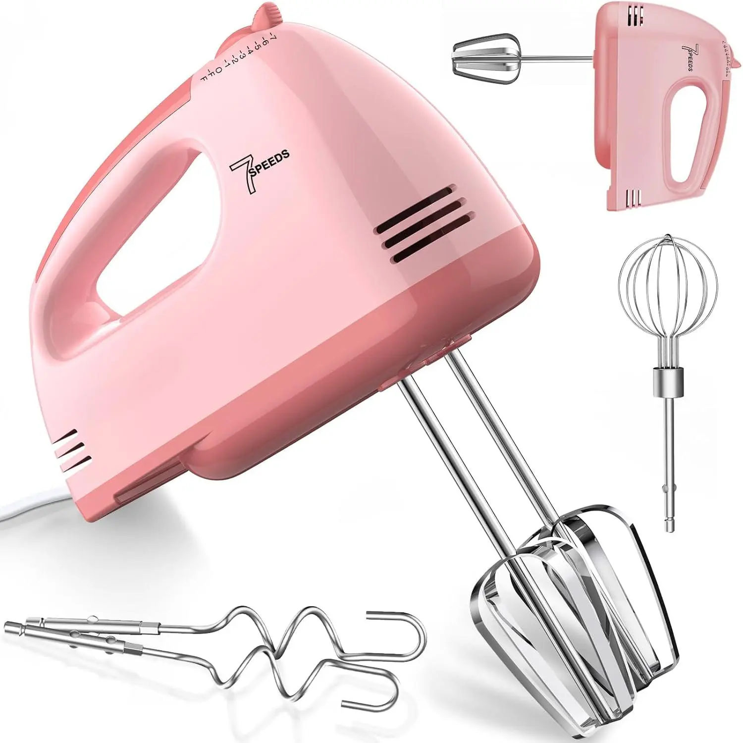 Pink Handheld Electric Mixer - 7-Speed Control, 5 Stainless Steel Accessories (Including Whisk), Dishwasher Safe for Whipping Dough, Cream, Handheld Mixer