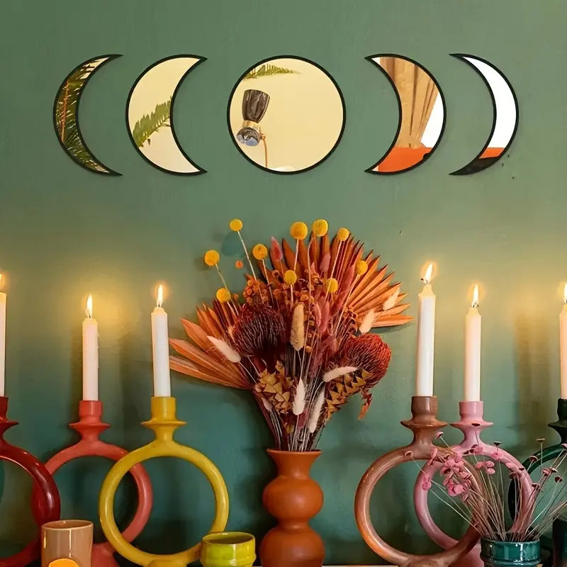 Self-Adhesive Moon Phase Wall Set of 5, No Tools Needed, Acrylic and Wood Pieces, Instant Lunar Gallery, Easy Install, Decorative Wall Art