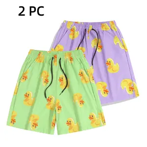 Men's Unisex 2-Pack Cute Yellow Rubber Duck Print Shorts - Elastic Waist Drawstring, Lightweight Quick Dry Menswear, Breathable Outdoor Matching Outfits for Summer Beach Daily Wear