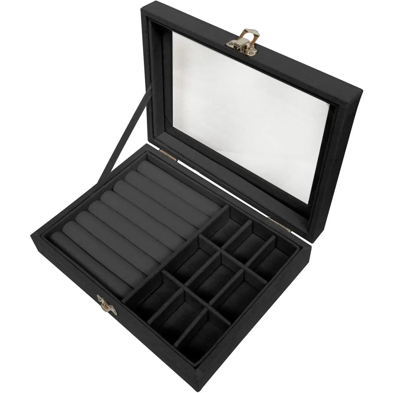 Clear Lid   Organizer Box with 9 Grids and 8 Slots for Rings Earrings Necklaces Tray Display Case, Black