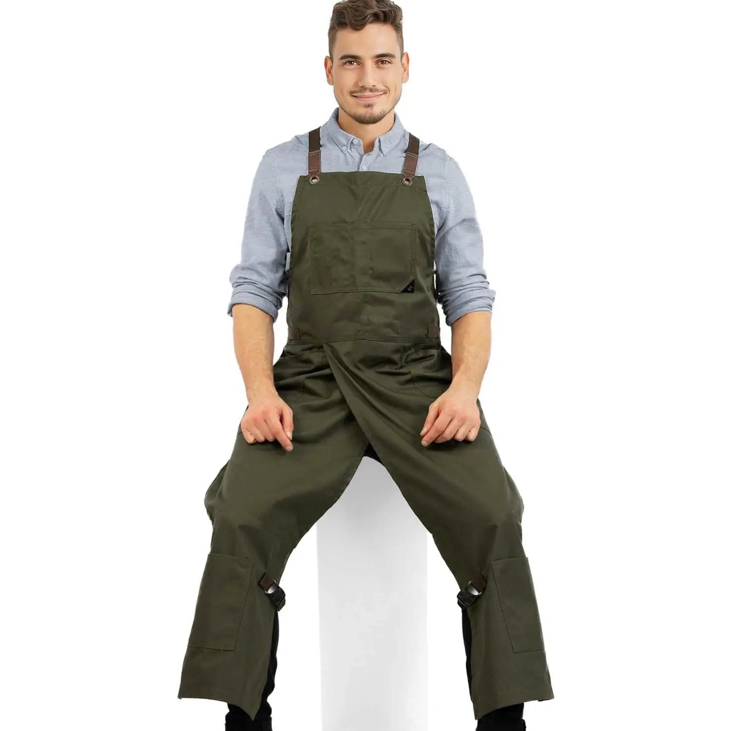 Pottery Moss Green Apron - Full Coverage -, Durable Twill, Leather Reinforcement and Overlapping Split-, Adjustable for Men and Women - Pottery Artist, Mechanic,  Apron