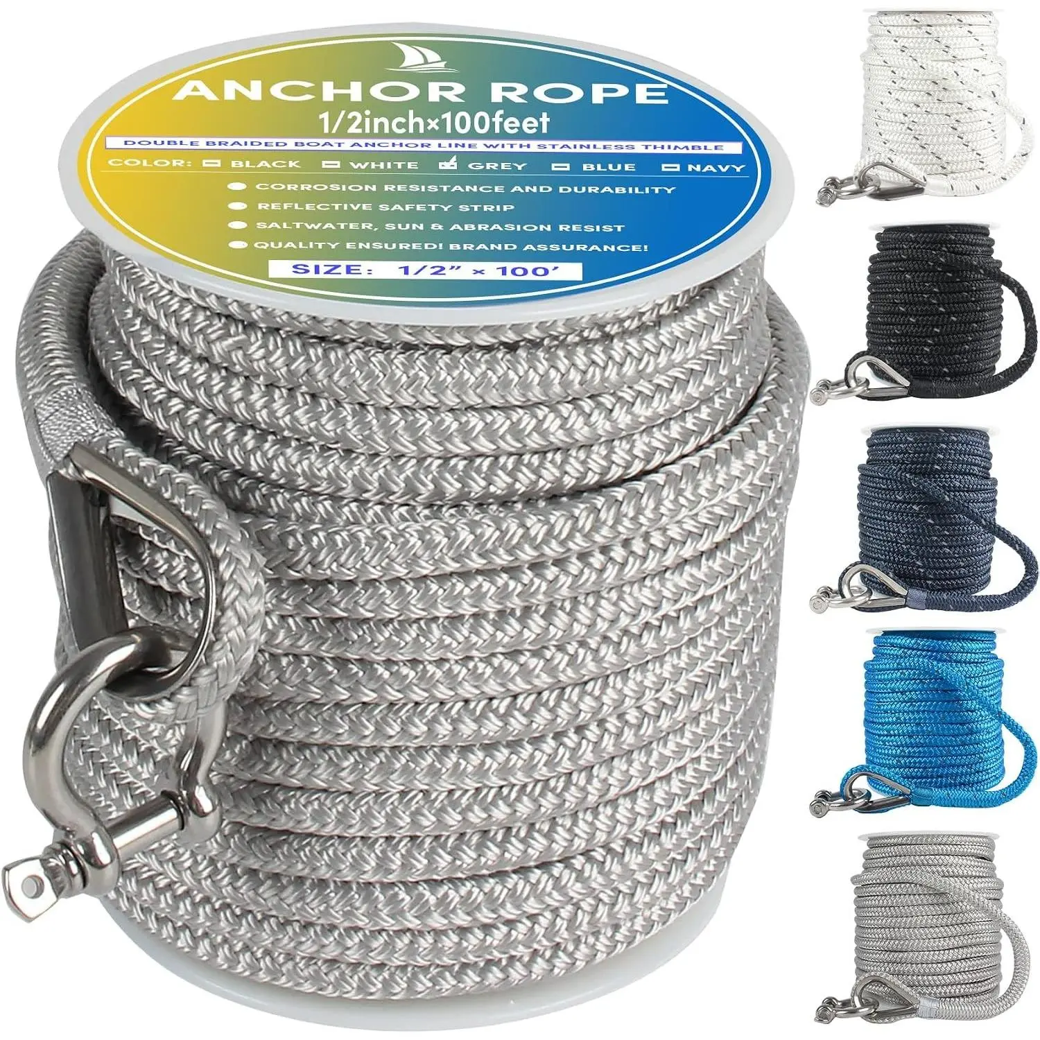 Boat Anchor Rope 100 ft x 1/2 inch Grey Double Braided Anchor Line with Stainless Steel Thimble & Shackle Marine Rope Ideal for Towing Mooring Decks Anchoring for Boats Up to 35'