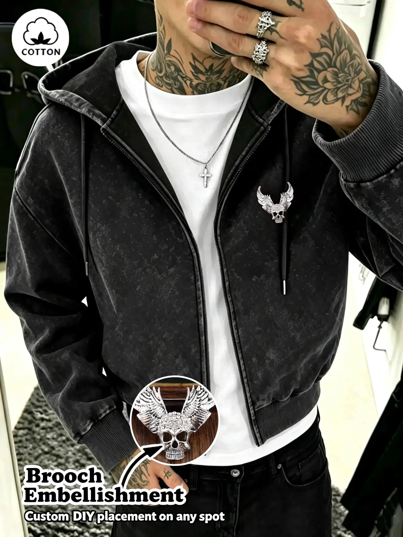 Y2K Men's Gothic Skull Wing Detachable Pin Hoodie, Long Sleeve Fitted Cotton Jacket, Punk Street Style, Fall Winter Fashion