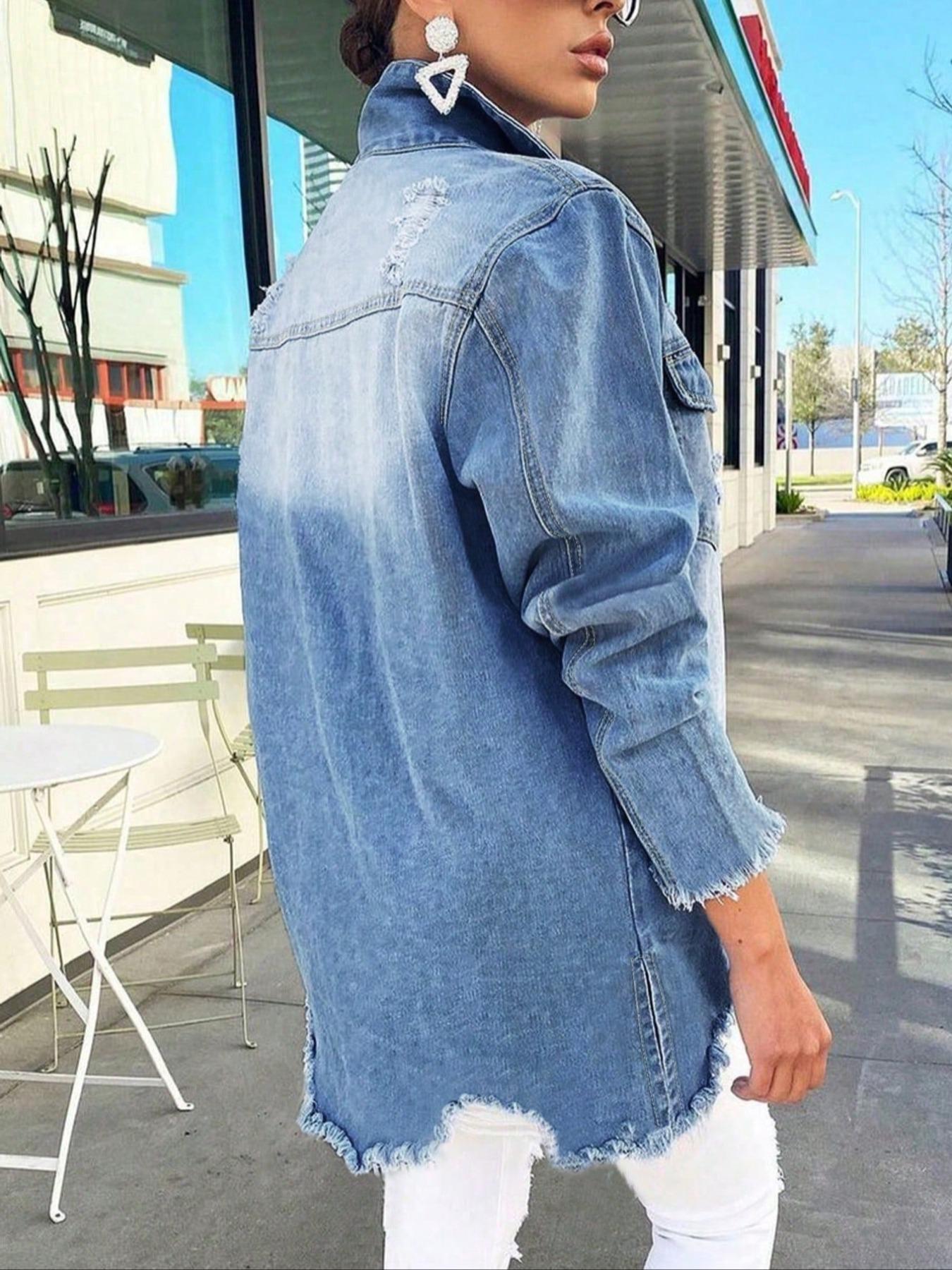 Women's Raw Hem Ripped Fitted Denim Jacket, Button Front Design, Fashion Street Style Versatile Jean Coat, Casual Basic Wear for Spring & Fall