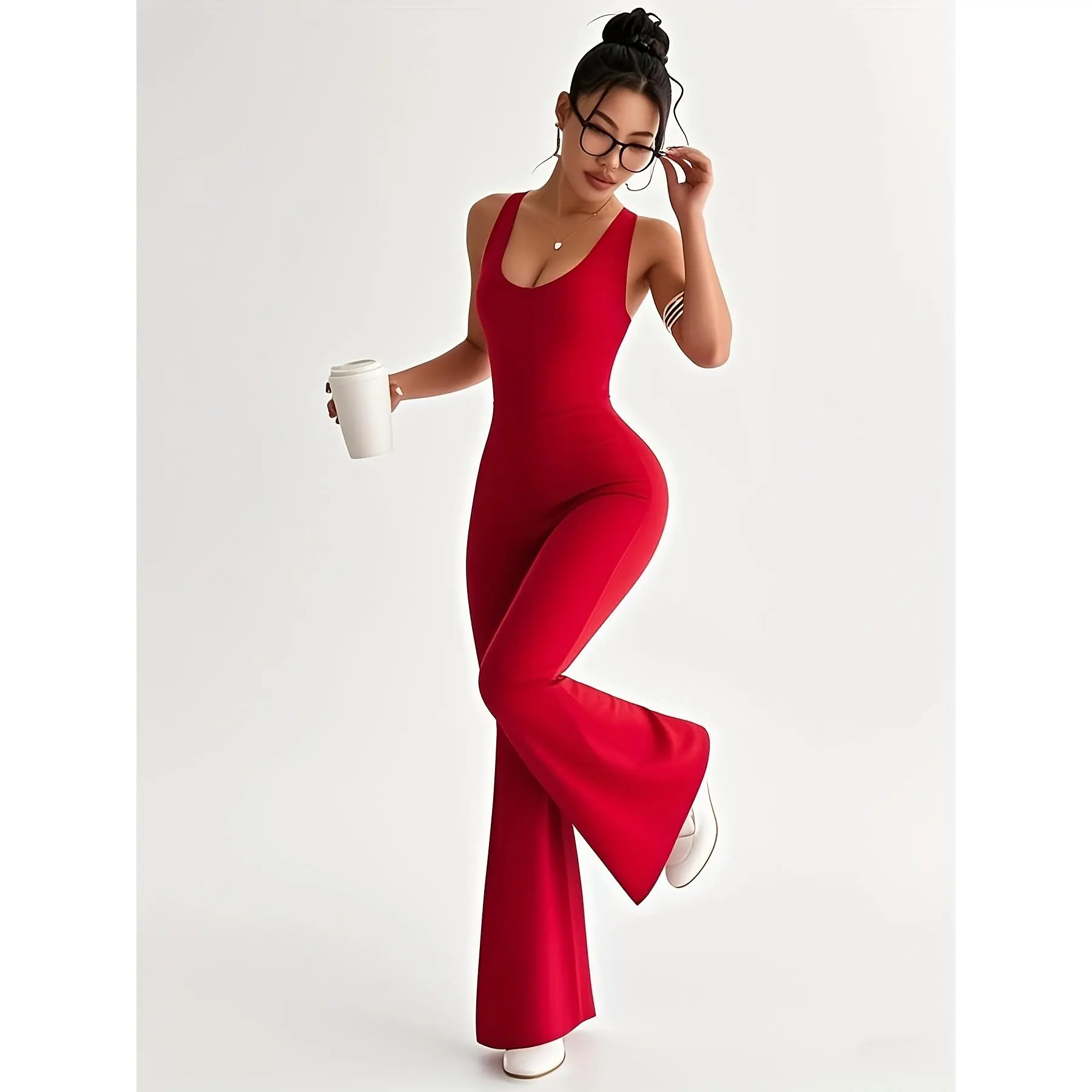 Women's Fitted Flared Jumpsuit, Long Sleeve Quick-Dry Activewear with Tummy-Smoothing for Yoga & Dance Workouts, Female, Sporty Chic, Dance Wear, Flared Legs, Form-Fit Waist, Full-Length, Jumpsuit Look