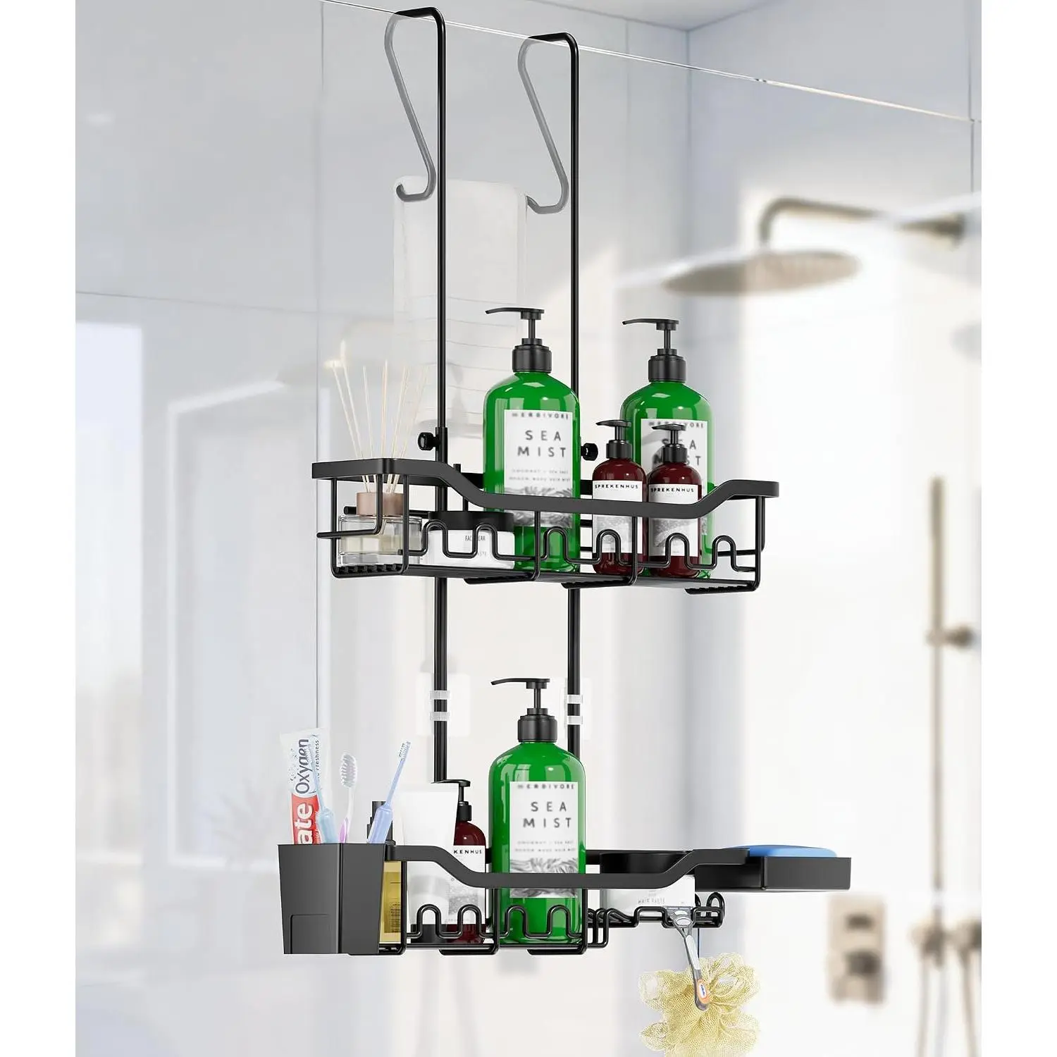 Shower   Over the Door, Upgraded Extended Length Shower Organizer, Rustproof Bathroom Rack with Hooks Soap Holder