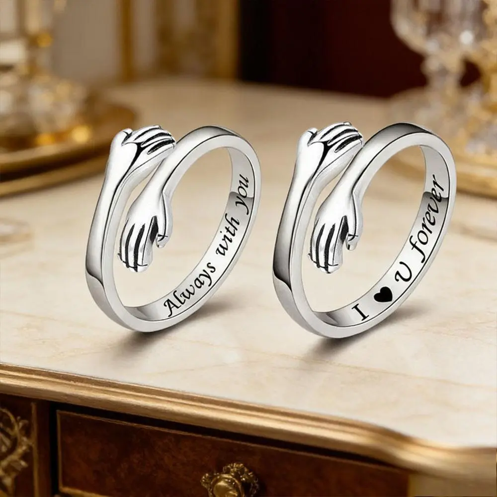 2PCS Romantic Hug Rings Set Chic 304L Stainless Steel Carved "I Love You Forever" Open Ring Valentine's Day, Mother's Day - Suitable for Daily Wear & Special Occasions Daughters Mom Sister Wife Friends Grandma Gifts