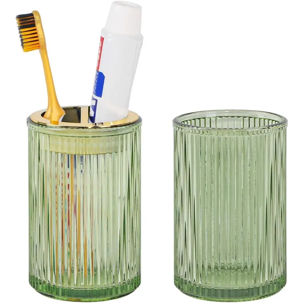 Toothbrush Holders for Bathrooms, 2pcs Glass Toothbrush Holder, 12oz Bathroom Tumbler and Mouthwash Cup, Tooth Brush and Toothpaste Organizer for Bathroom Vanity Countertop (Green Gold)