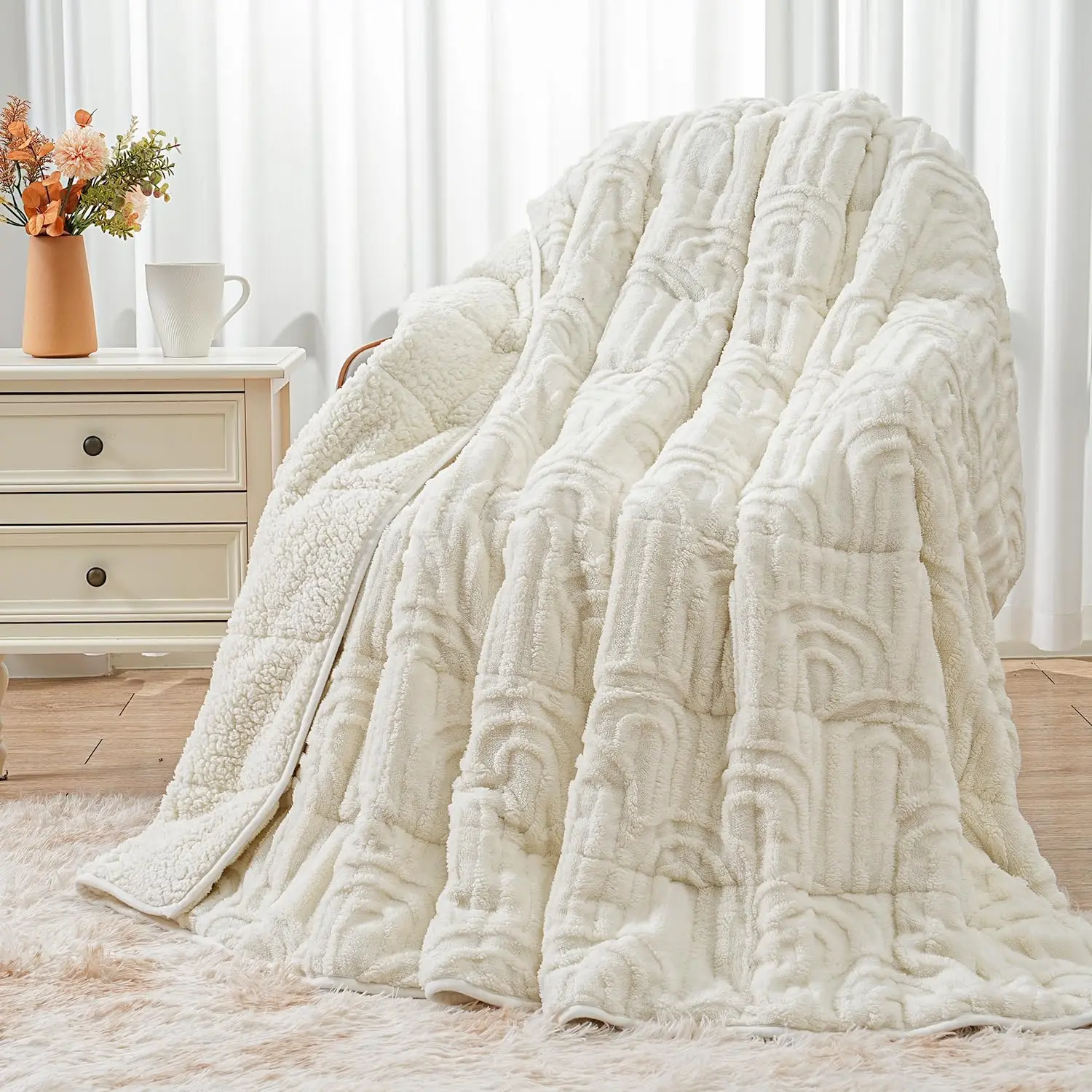 Fleece Weighted Blanket  Size 15lbs, Soft Sherpa Heavy Blankets | 60" x 80" Cream White, Adults Jacquard Knitted Throw for  Sleep and Relaxing, Comfort  Cozy Warm Chunky
