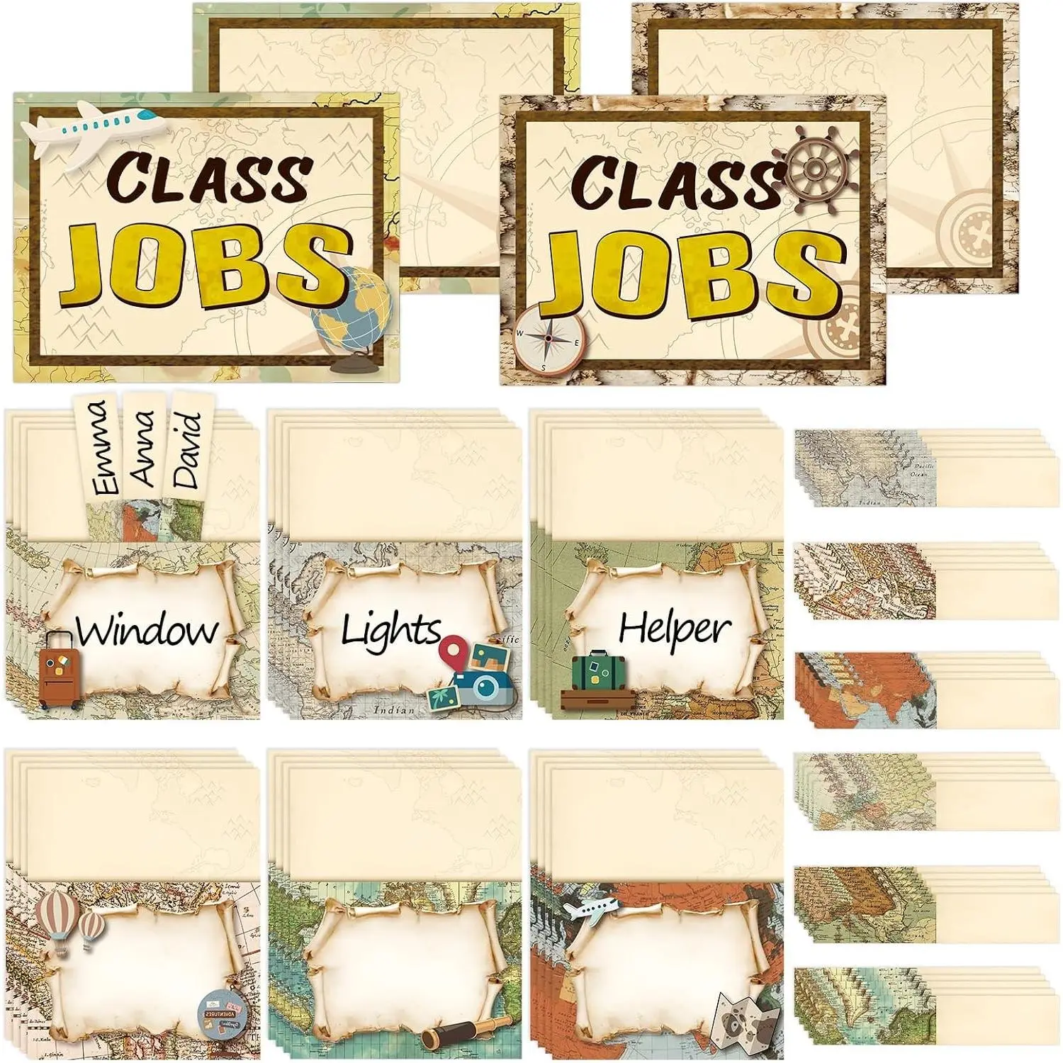 112 Pcs Travel Theme Bulletin Board Decor Adventure Class Jobs Chart for Classroom Bulk with 48 Pockets & 60 Cards Teacher's Helper Posters Writable Labels for Class Management & School Supplies
