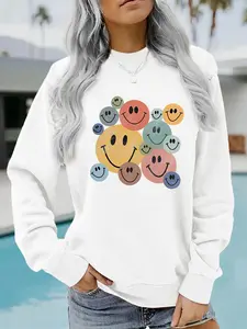 Women's Casual Smiley Face Pullover, Soft Long Sleeve Round Neck Sweatshirt, Comfortable Daily Wear, Durable Fabric