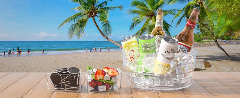 Condiment Tray【with 360° rotating turntable】 with Stainless Steel 5 Spoons, 5 Forks and 1 Clip, Condiment Server, Bar Garnish Holder on ice, Compartment Tray with Lid