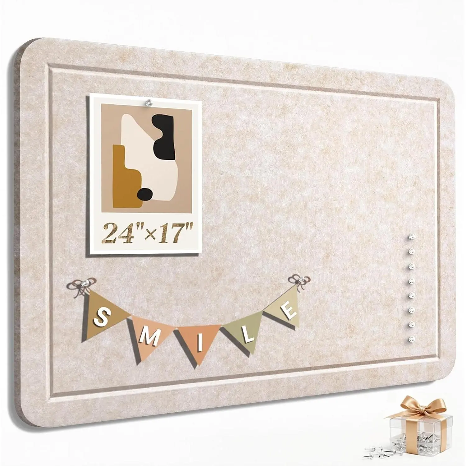 Large 24 x 17 Inch Felt Cork Bulletin Board with 40 Pushpins, Foldable Notice Pin Board Photo Display with Self-Adhesive Tape for Office Home School (Oatmeal)Gift