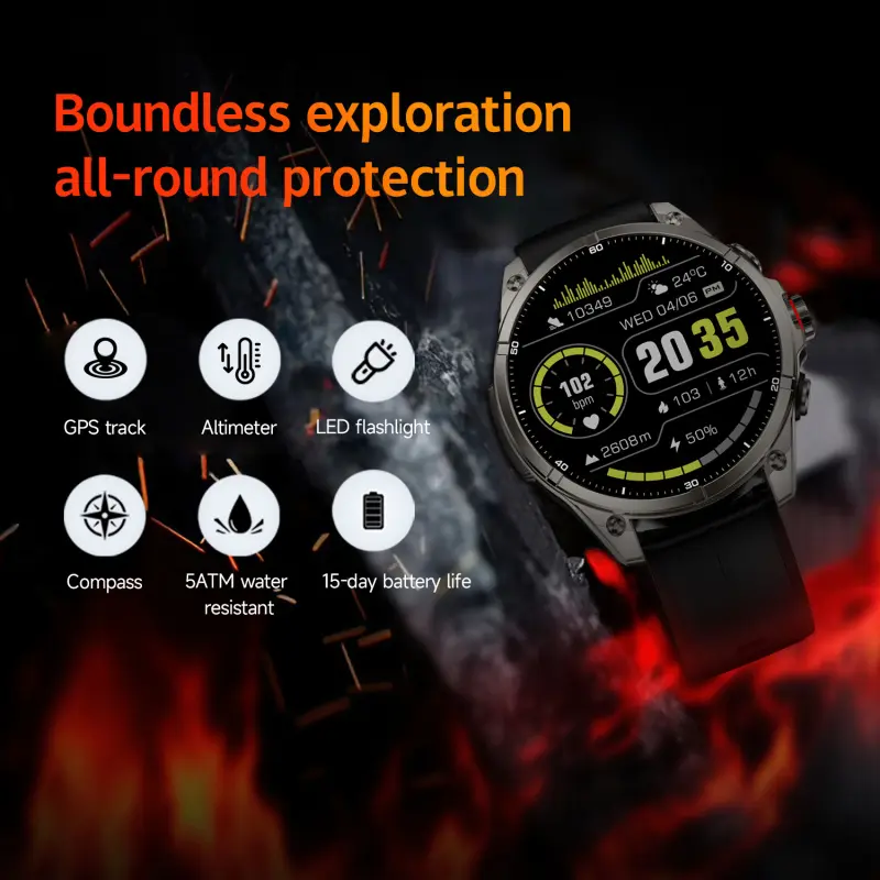 Men's outdoor adventure smartwatch, supports 100+sports modes, comes with LED flashlight, 50 meter waterproof smartwatch, GPS tracking, supports Bluetooth calls, holiday gifts