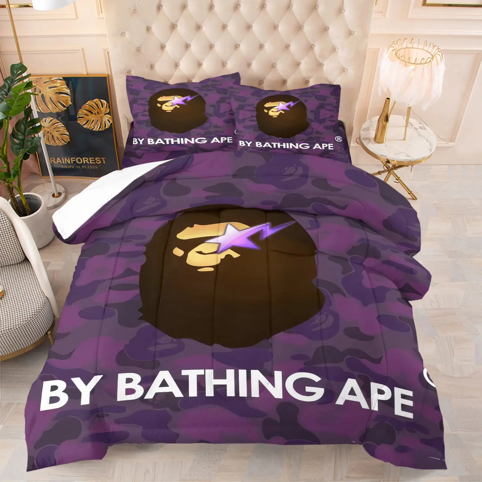Purple Camo Monkey Head Lightning Star Comforter Set, 1 Comforter + 1-2 Pillowcases, Trendy Camouflage Street Print Bedding, Cool Y2K Hip Hop Style, Durable Soft Washable Bed Set, All Season Decor for Teen Streetwear Fans Bedding Sets