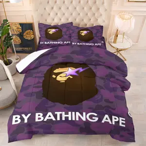 Purple Camo Monkey Head Lightning Star Comforter Set, 1 Comforter + 1-2 Pillowcases, Trendy Camouflage Street Print Bedding, Cool Y2K Hip Hop Style, Durable Soft Washable Bed Set, All Season Decor for Teen Streetwear Fans