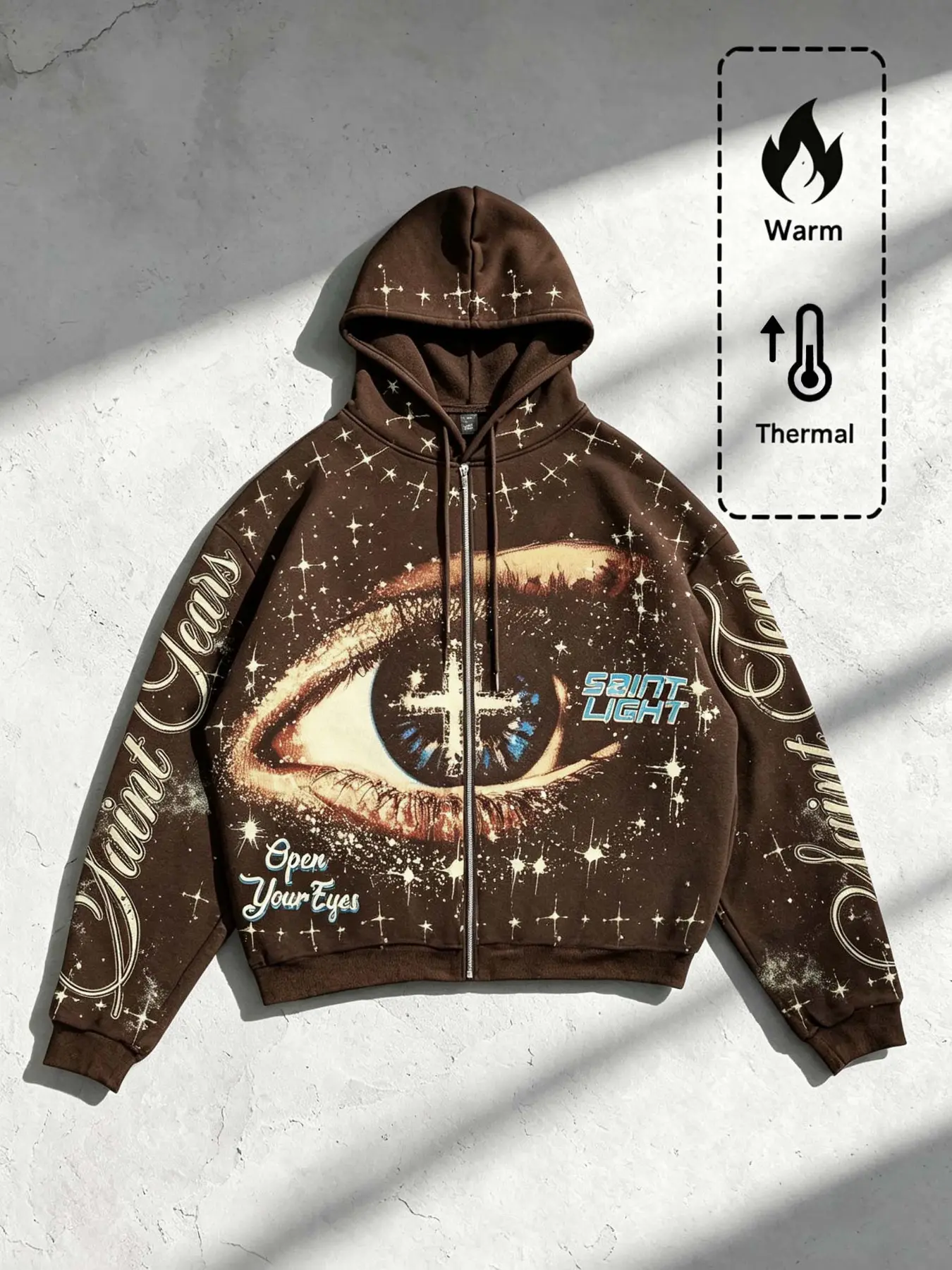 Men's Vintage Starry Night Cross Print Zip-Up Hoodie, Loose-Fit Long Sleeve Streetwear Street Style, Fall & Winter Warm Fleece Lined