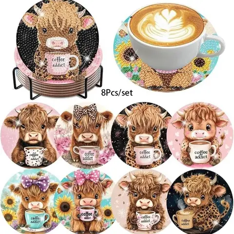 8 Piece Diamond Painting Coaster Set with Cow Pattern and Stand, DIY Art Craft Kit for Beginners, Decorative Gift Idea for Home Decor, Diamond Painting Kits