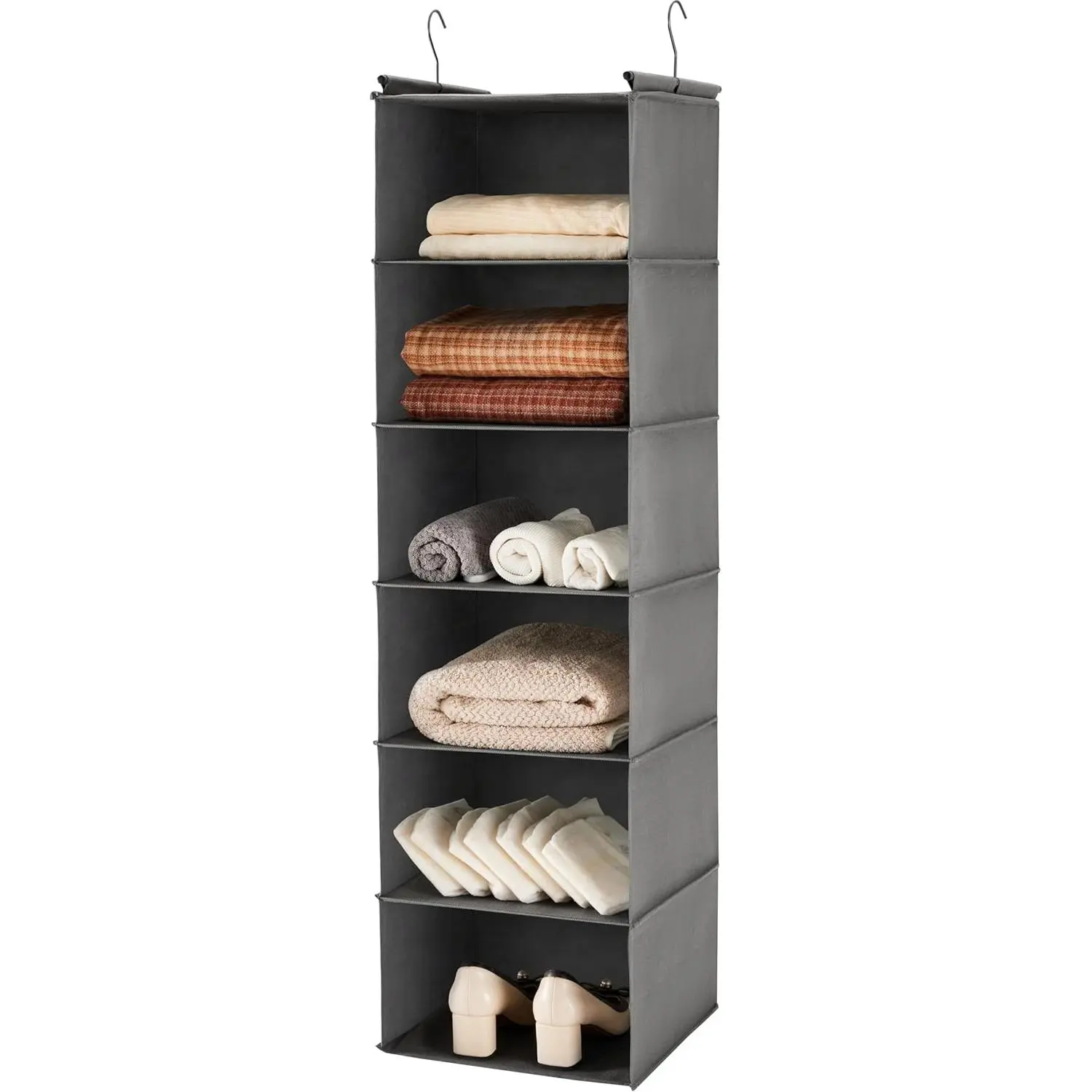 6 Tier Shelf  Closet Organizer, Closet  Shelf with 2 Sturdy Hooks for Storage, Foldable (Grey)
