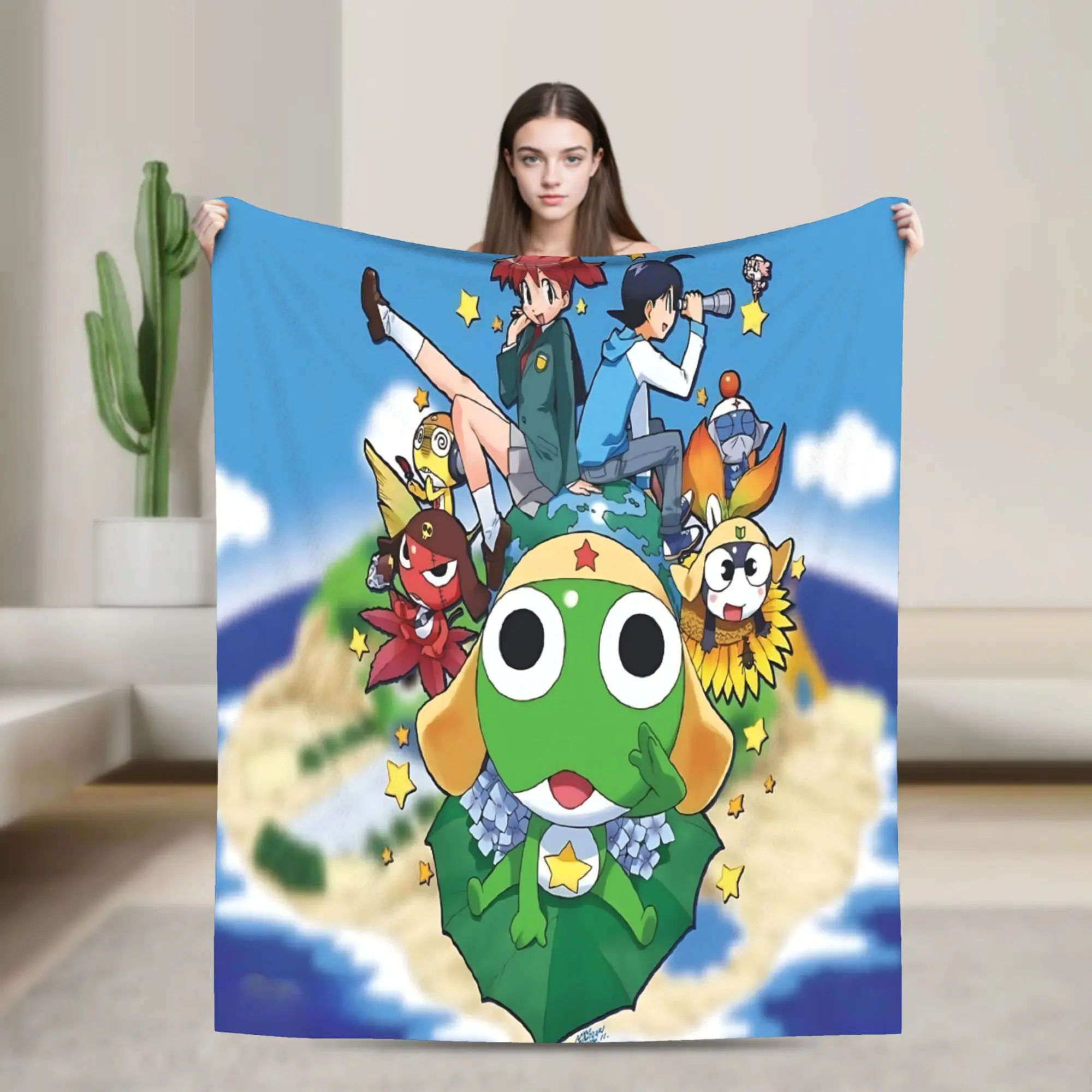 Sgt.Frog Keroro Gunso Earth Sky Cloud Gradient Print Flannel Throw Blanket, All Season Soft Sofa Bed Nap Camping Travel Office Car Blanket, Classic Japanese Anime Kids Decor Blanket Gift For Keroro Fans