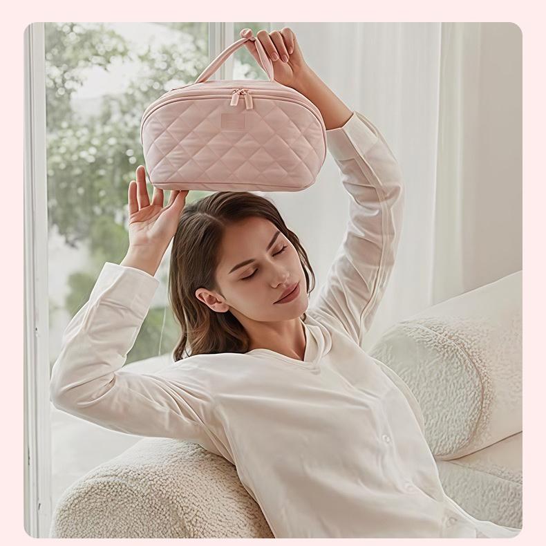 Travel Makeup Bag for Women - 180° Lay-Flat Large Puffy Cosmetic Organizer with 5 Compartments, Machine Washable Puff Bag, Ideal Gift for Her