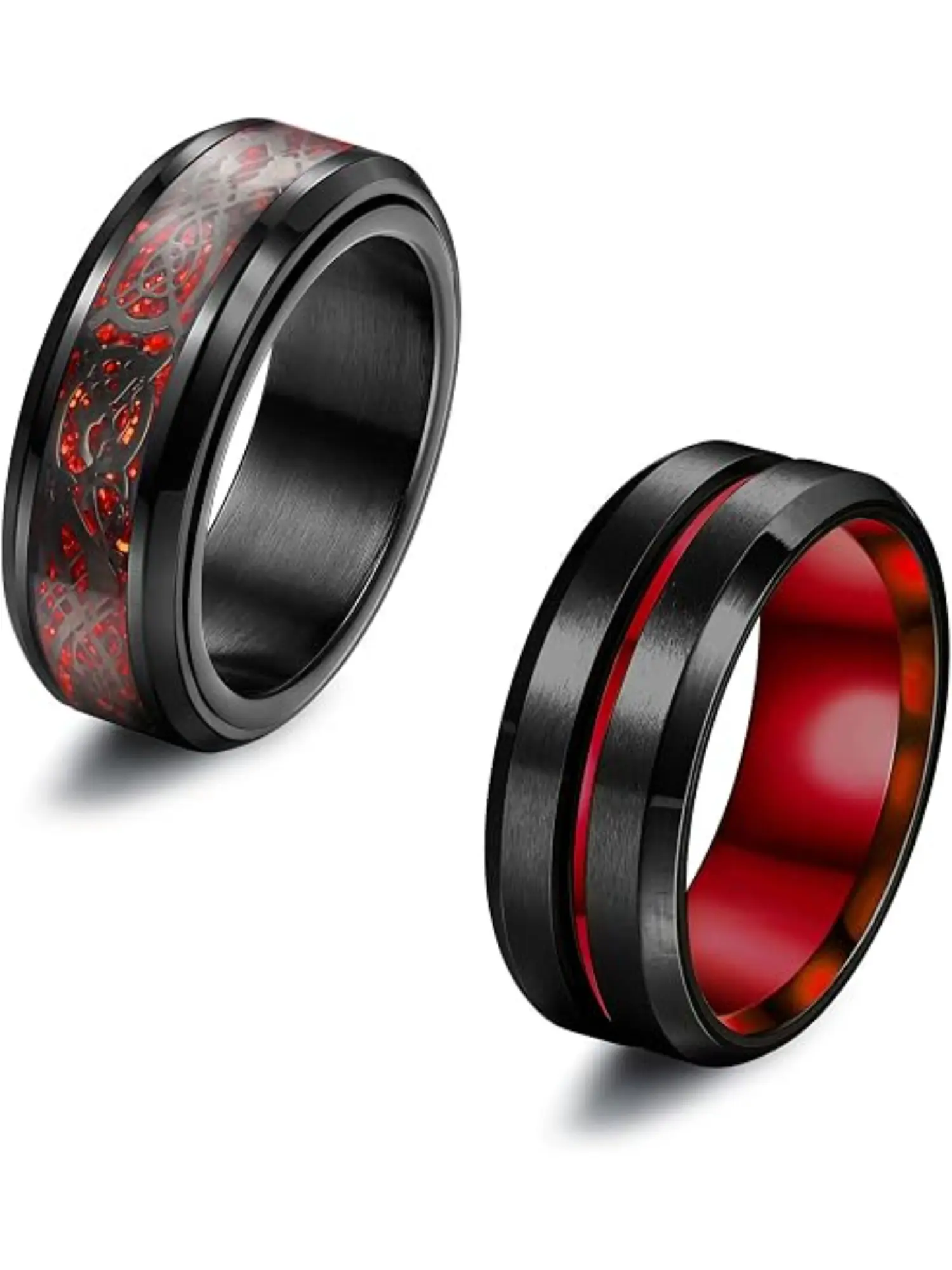 Black Spinner Rings for Men, Stainless Steel Chain Fidget Anxiety Ring, Celtic Dragon Design in Red & Blue, Stress Relief Rotating Ring, Size 7-13, Daily Wear & Calming Gift