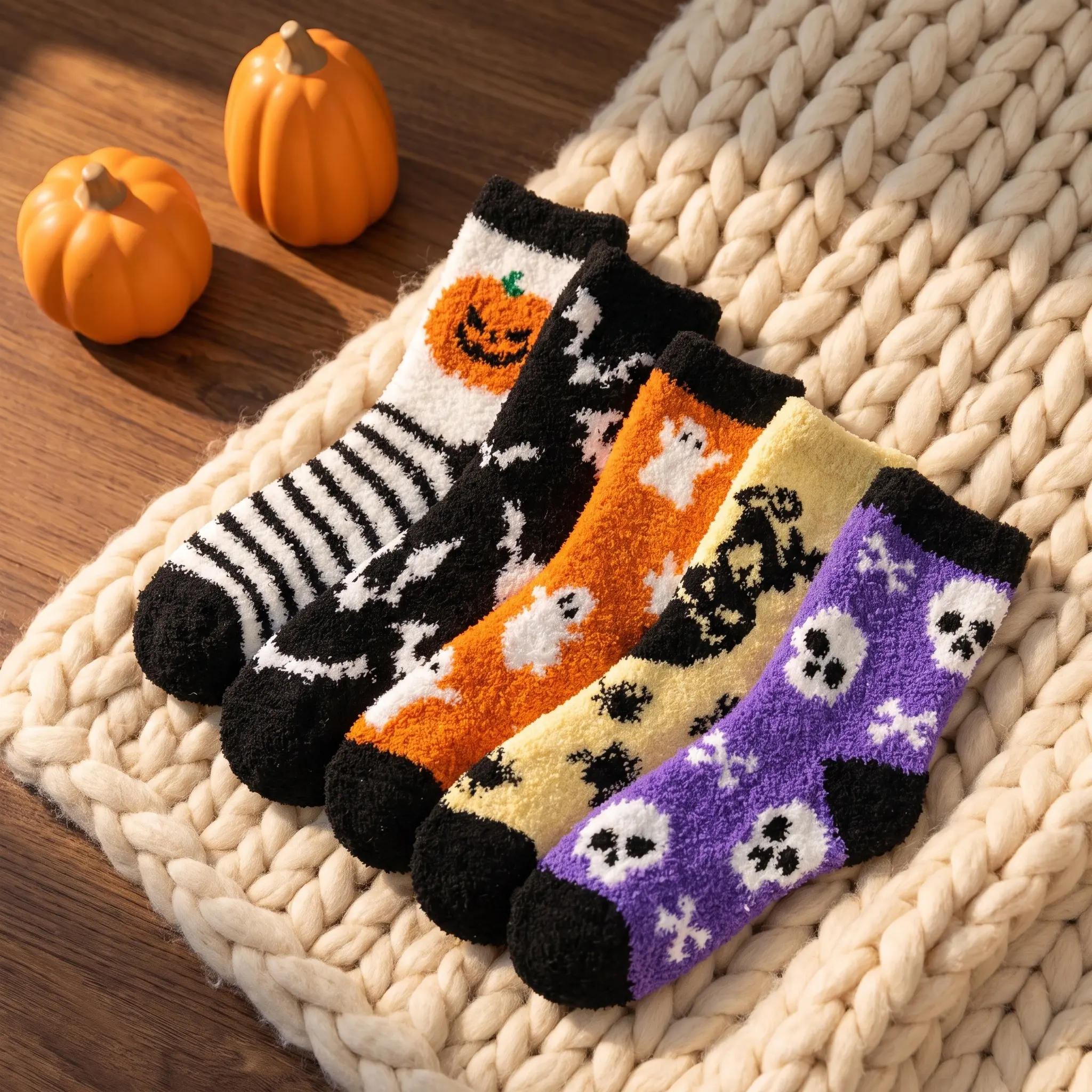 Women's Coral Fleece Knit Mid-Calf Sleeping Socks - Thermal Thick Fabric, Breathable, 93% Polyester 7% Spandex, Halloween Animal & Skull Patterns, Fits Pajamas, Cold Weather Accessory for Young Ladies