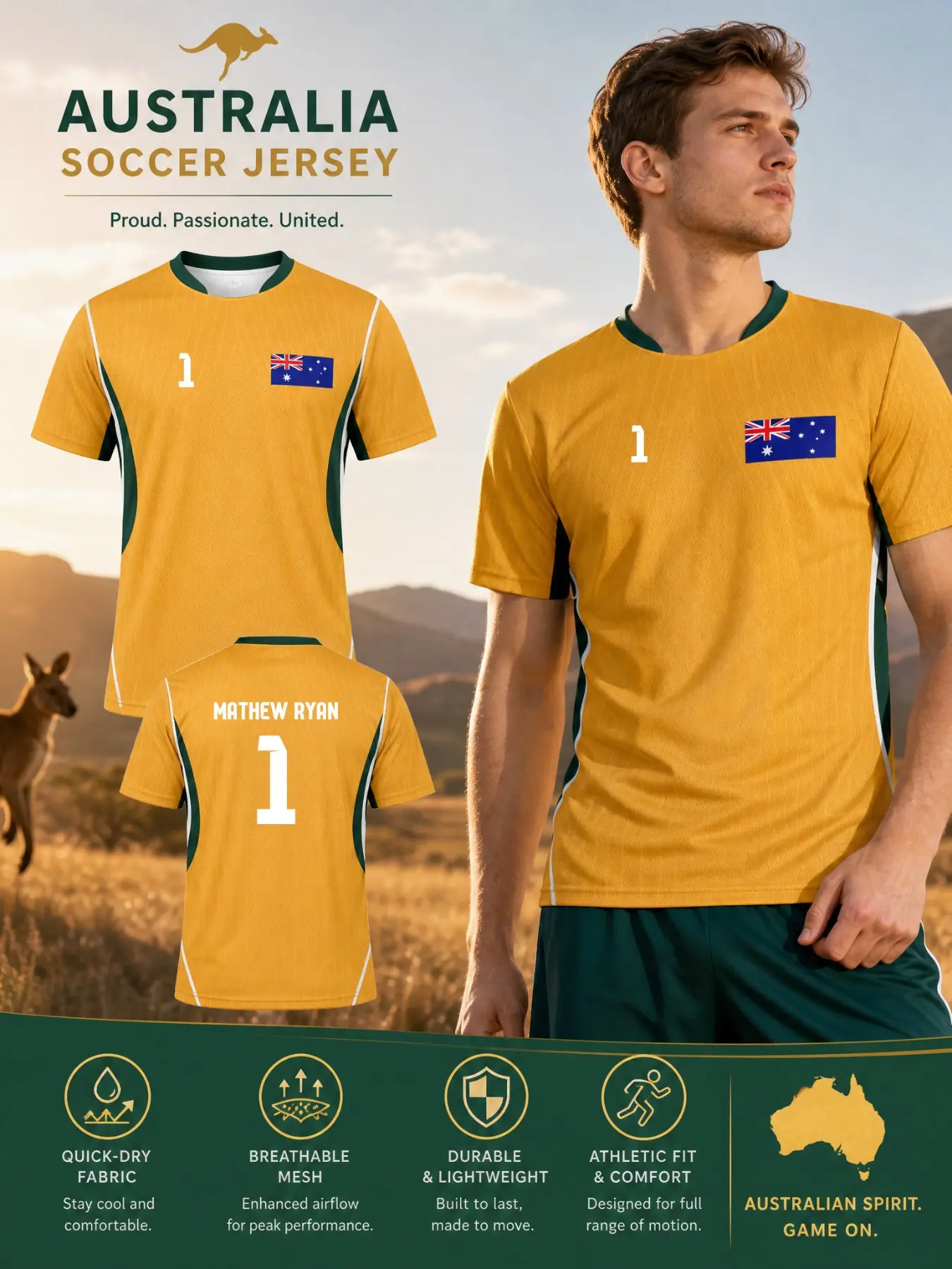 Australia 2026 Men's Football Jersey - Gold and Green - Quick-drying Fabric Sportswear - Australian Fan Apparel - Breathable and Lightweight T-shirt