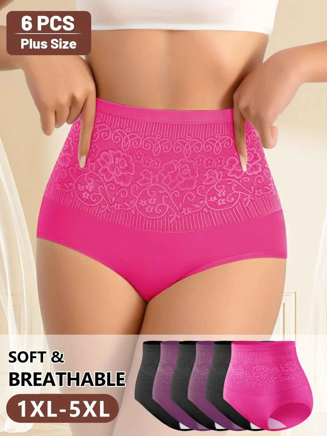6 Pcs High Waisted Underwear, Elegant Floral Weave Seamless Comfort Briefs Panties, Loose-Fitting Plus Size Lounging Wear, All Seasons
