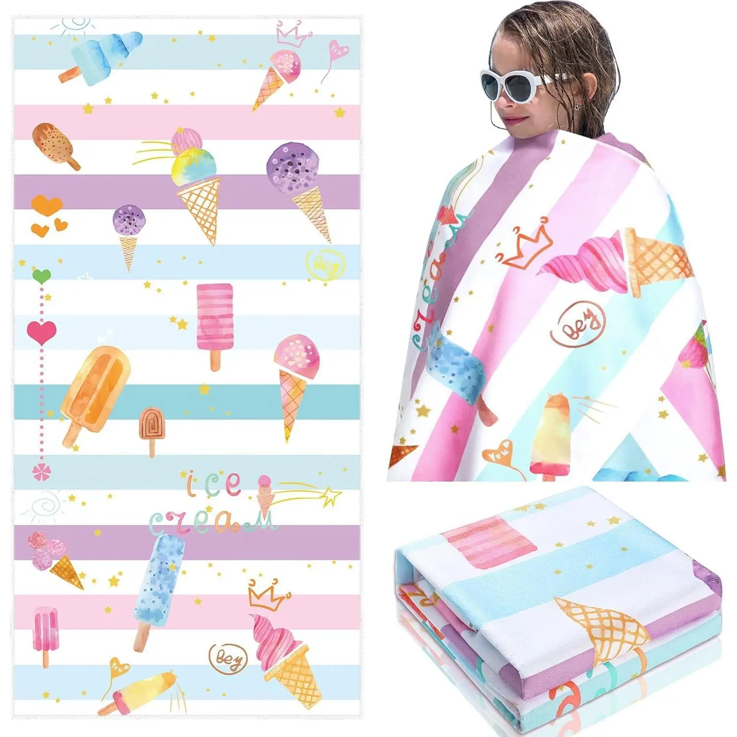 Female Child's Watercolor Ice Cream Pattern Beach Towel - 30x60in Large Reusable Coastal Microfiber Blend (80% Polyester, 20% Cotton), Quick-Dry, Waterproof, Sand-Resistant Swim Towel, Travel Bath Blanket, Birthday Gift, Beach Towels, Outdoor Activities