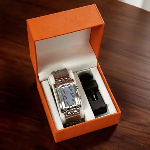 Men's Cool Binary Watch, Stainless Steel LED Bracelet Watch, Fashion Blue Light Sports Watch, Electronic Watch, Vacuum Plated, Gift Box Included