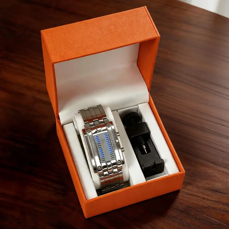 Men's Cool Binary Watch, Stainless Steel LED Bracelet Watch, Fashion Blue Light Sports Watch, Vacuum Plated, Gift Box Included