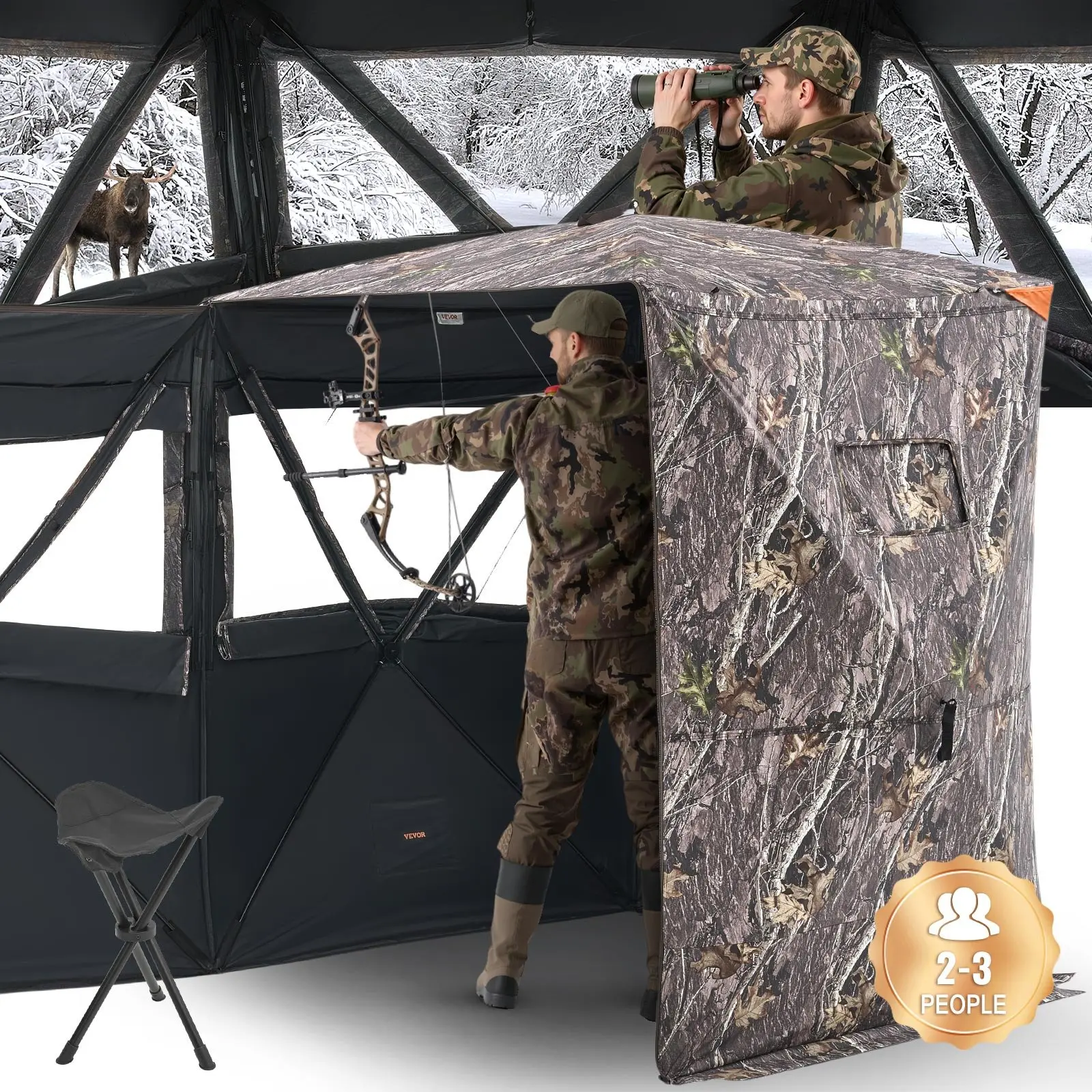 VEVOR Freestanding Portable Camouflage Tent, 2-3 People Thermal Insulation Hunting Blind with Tri-Leg Chair, Carrying Bag, Silent Zipper Door, Window, Waterproof Fabric, Concealment Shelter for Turkey Hunt Gear (12.42 Kg)