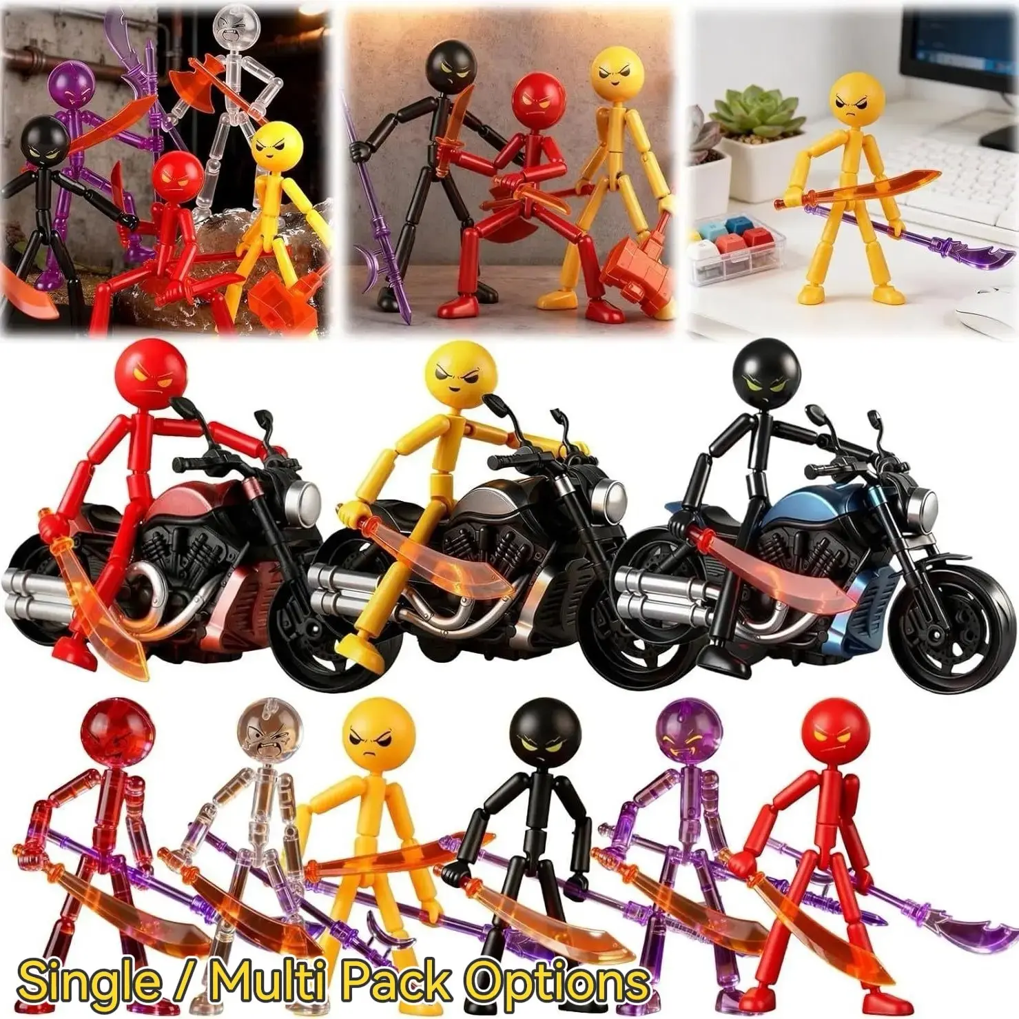 Cute Stick Figure Poseable Collectible Cartoon Action Doll Set, Multi-Color Jointed Model with Weapons, Desktop Decor, DIY Toy, Gift for Collectors, Articulated Figures