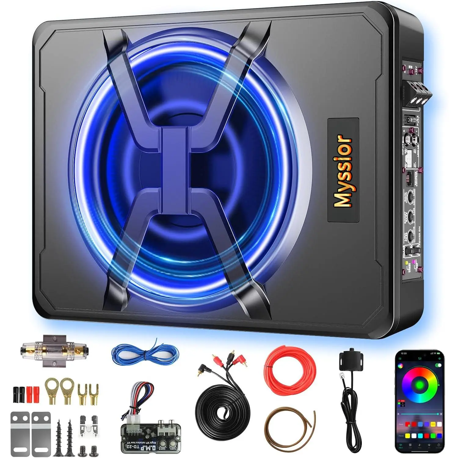 10-Inch 800W 12V Universal Under-Seat Powered Car Subwoofer - Full Cast Aluminum, Built-In Amplifier, APP LED Light Control, Complete Installation Kit with Gift Box