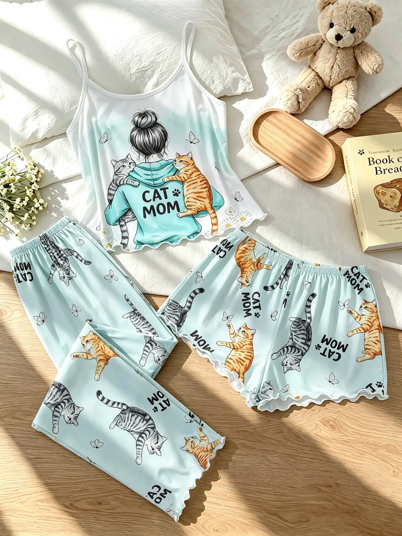 Women's 3-Piece Pajama Set, Cartoon Print, Casual Fitted Design, Breathable & Comfortable, All-Season Sleepwear, Elegant & Cute Style, Pjs