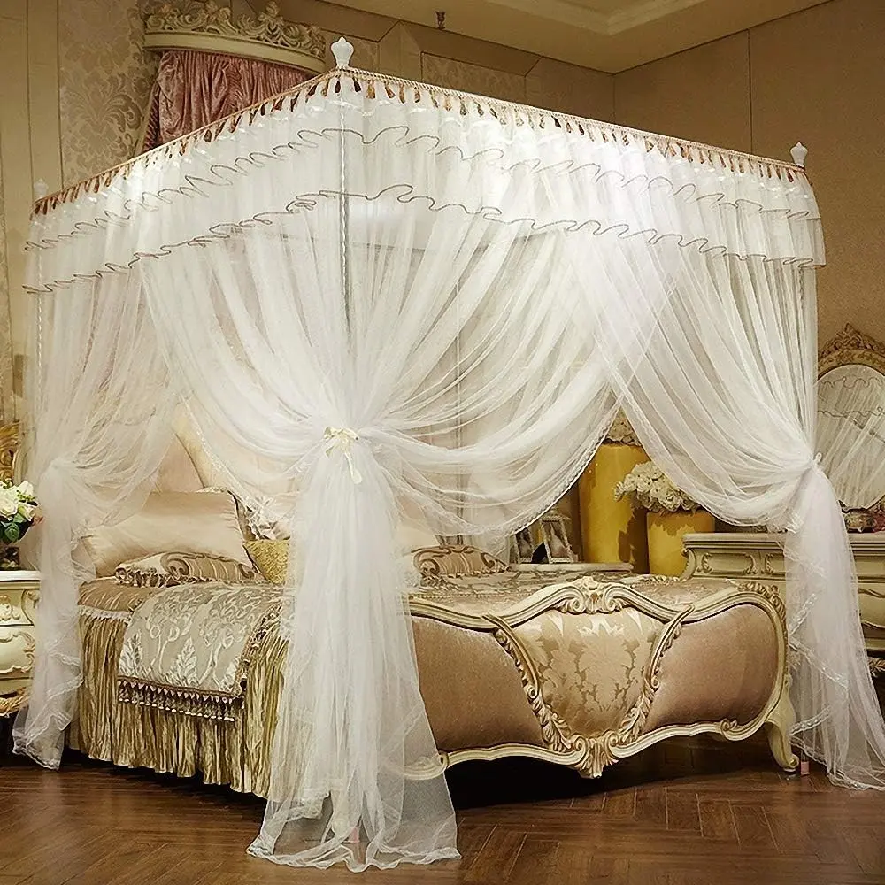 Luxury Ruffle Tassel 4 Corner Post Bed Canopy Curtain Netting, Bedding Decor for Girls Kids Adults, Queen Size White