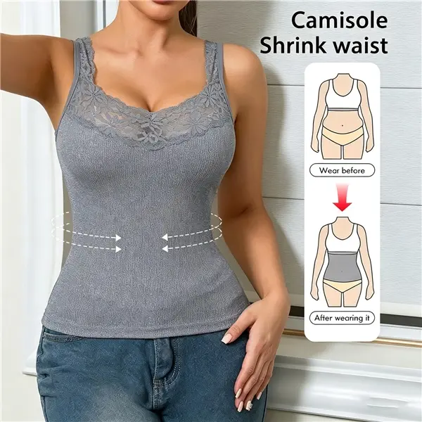 Ribbed Racerback Lace Tank Top, Women Going Out Everyday Basic Tops, No Padded / No Built-in Bra   Ribbed Built-in Bra Crop