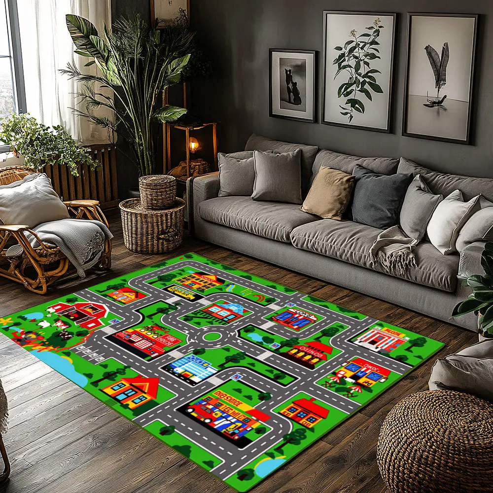 Kids City Road Map Flannel Educational Play Area Game Rug #KidsRoadMapRug #EducationalPlayMat #CityTrafficCarpet #FlannelHomeDecor