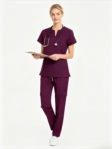 Burgundy Notch Neck Scrub Set Short Sleeve Medical Uniform with Single-Pocket Top  Multi-Pocket Jogger Pants Stretchy Workwear for Nurses