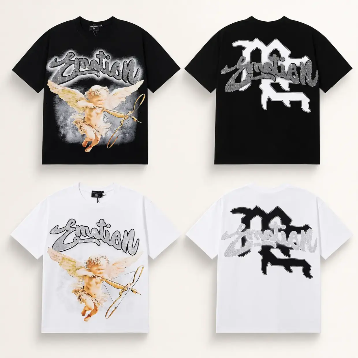 Mixed Emotion Rhinestone Angel Graphic T-Shirt, Y2K Gothic Streetwear Heavyweight Cotton Oversized Short Sleeve Crewneck Tee, Unisex Hip Hop Casual Birthday Christmas Gift Idea Top