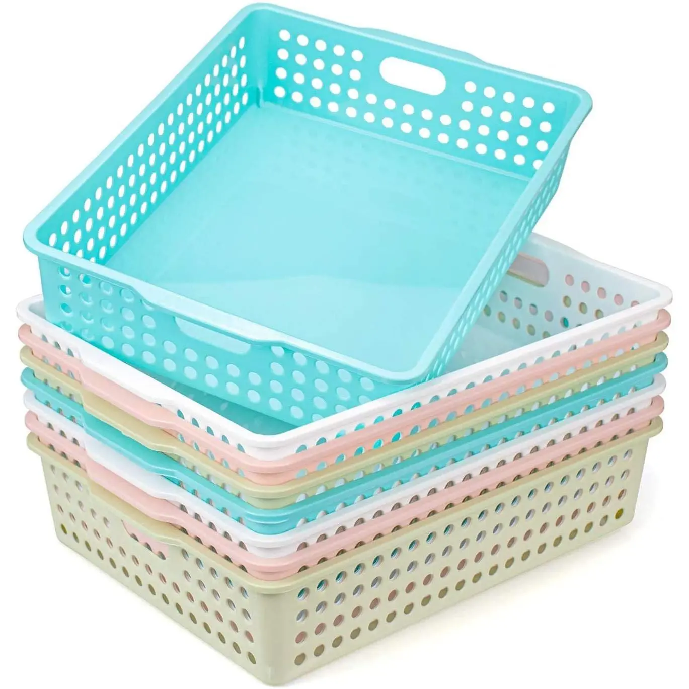 8 Pack Plastic Storage Baskets - Colorful Paper Organizer Baskets Plastic Shelf Bins with Handles, Classroom Office File Holder for Home Office School