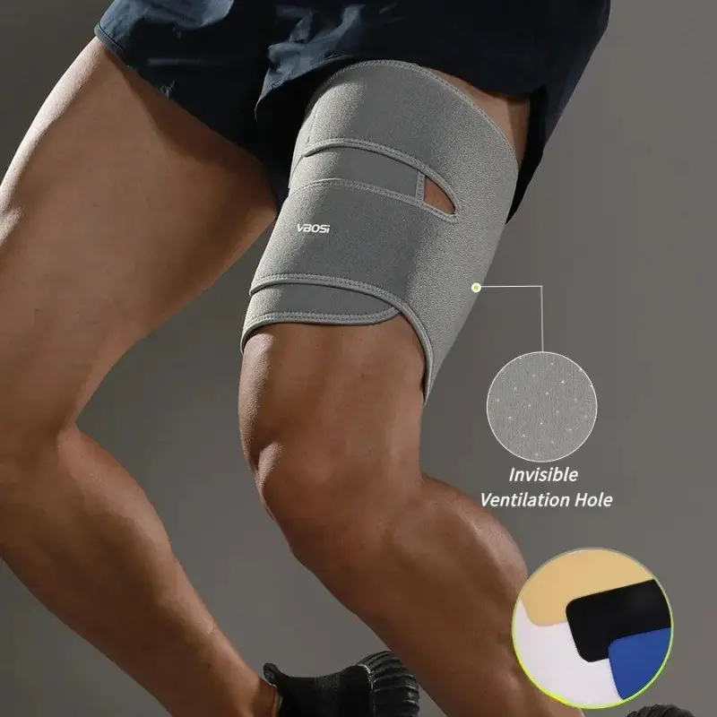 Adjustable Breathable Thigh Support Wrap, Perforated Neoprene Compression Brace, Quadriceps Hamstring Strain Relief, Running Squat Basketball Recovery
