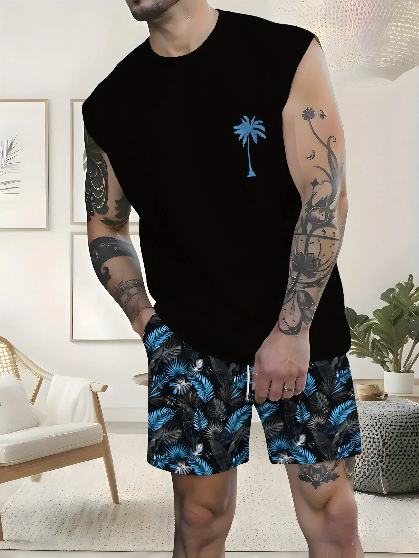 Trendy youth sleeveless outfit, simple tropical coconut tree sea view print, cool men's clothing for vacation photography
