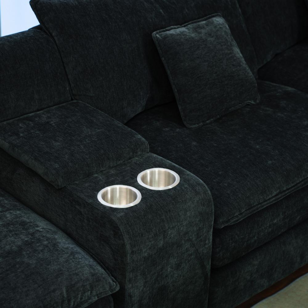 144" U-Shaped Sectional Cloud Couch – Modern Chenille Modular Sofa Set with 6 Seats, Movable Ottoman, Cup Holders & Hidden Storage Console, Comfy Fluffy Black Grey Sectional Sofa for Living Room or Apartment 20.27“ Seat Height