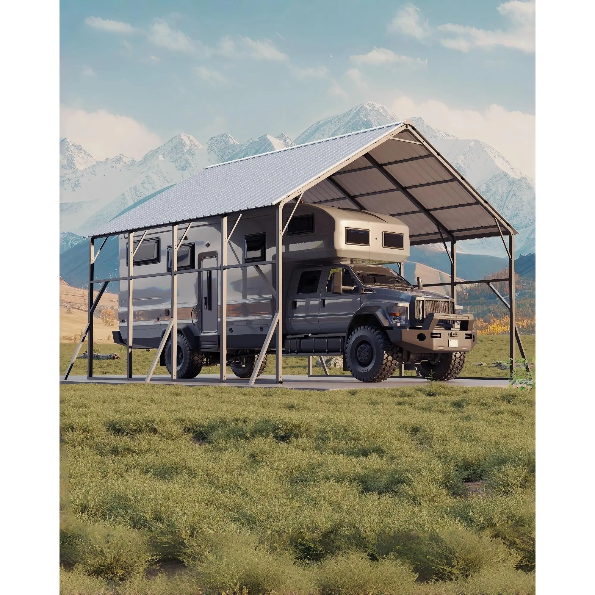 20x20 Metal Carport – 120° Steep Roof, Snow Shedding, 173" High Clearance – Heavy Duty 2-Car RV & Tractor Shelter with Reinforced Frame